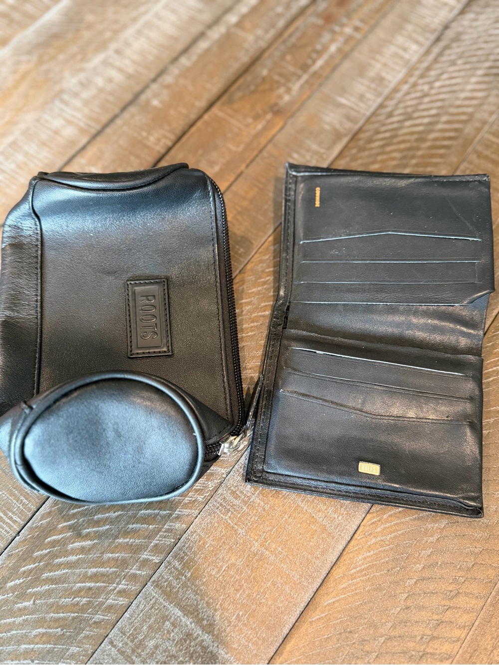 Roots Black Leather Wallet Trio with Coin Pouch